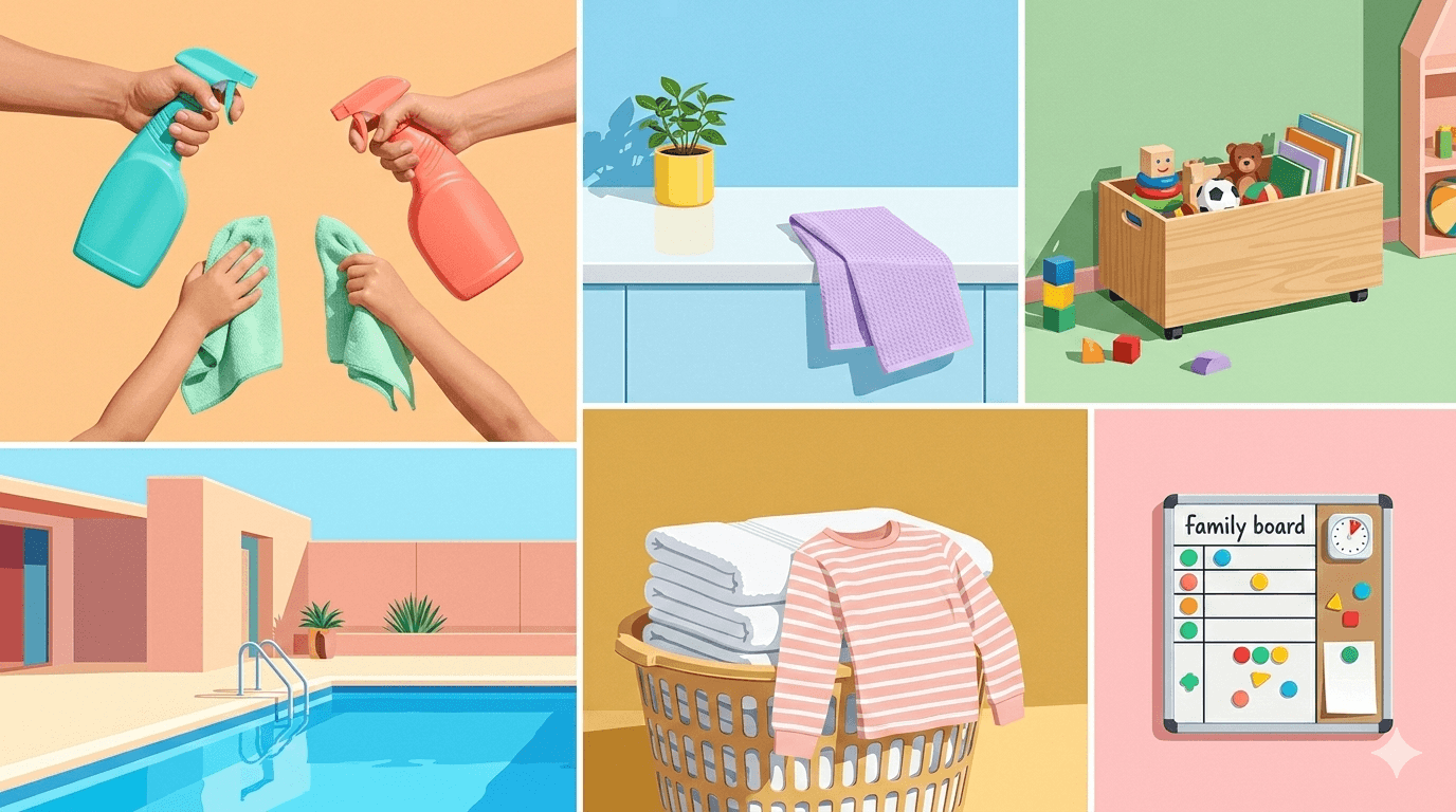 Collage grid showing family cleaning essentials: hands holding spray bottles, clean kitchen counter, organised toy box, folded laundry, and colourful family chore board