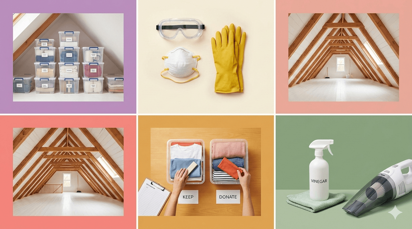 Collage grid showing attic cleaning essentials: organised storage bins, safety gear, clean attic interior, sorting belongings, and cleaning supplies