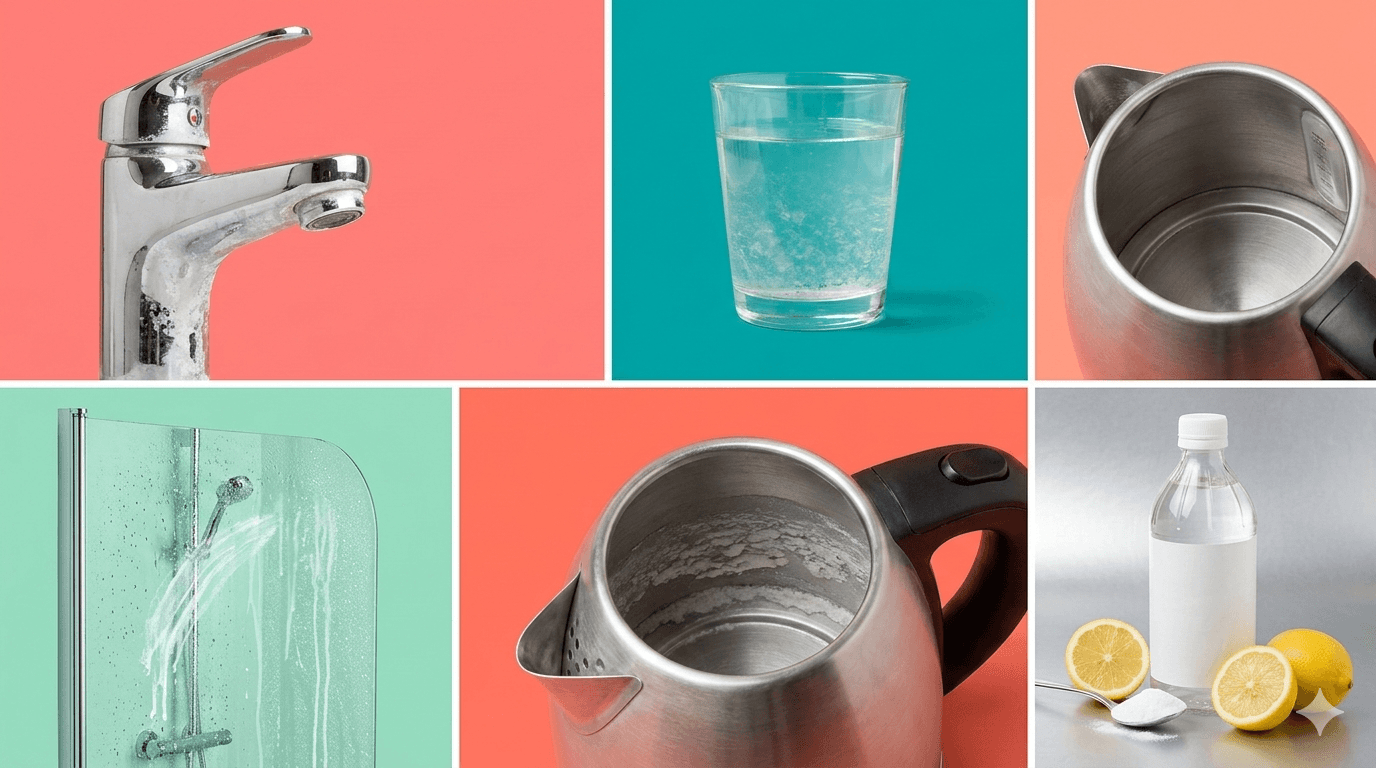 Collage showing hard water effects on home fixtures including limescale on taps, shower screen streaks, kettle scale, and natural cleaning supplies