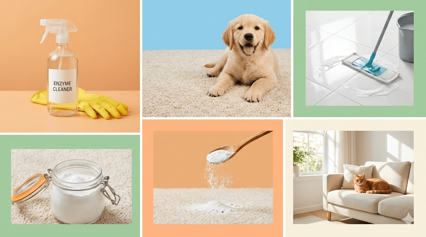 Collage grid showing pet urine cleaning essentials: enzyme cleaner spray, dog on clean carpet, mopping floor tiles, baking soda application, and fresh pet-friendly living room