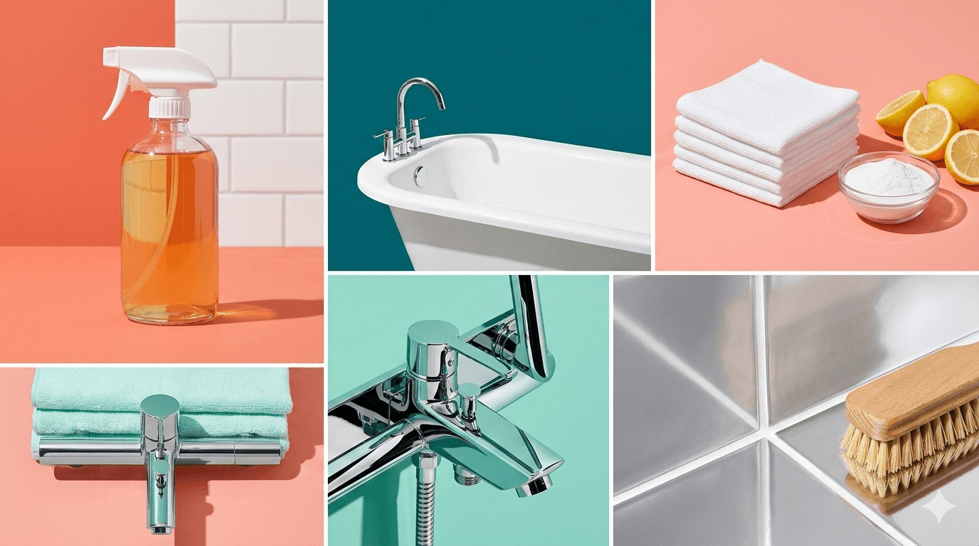 Collage of bathroom cleaning scenes — spray bottles, clean tiles, sparkling chrome faucets, and fresh white bathtub on coral and teal colour-block backgrounds