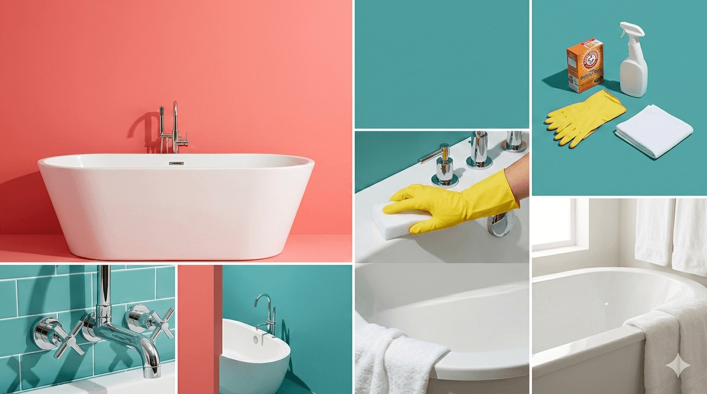 Collage showing how to clean a bathtub — supplies, scrubbing technique, and sparkling chrome fixtures