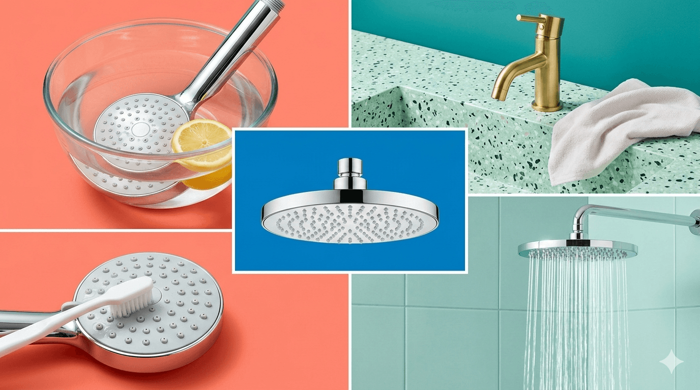 Collage showing how to clean a shower head: vinegar soak with lemon, brass fittings, close-up nozzles, toothbrush scrubbing, and a gleaming shower with strong water pressure
