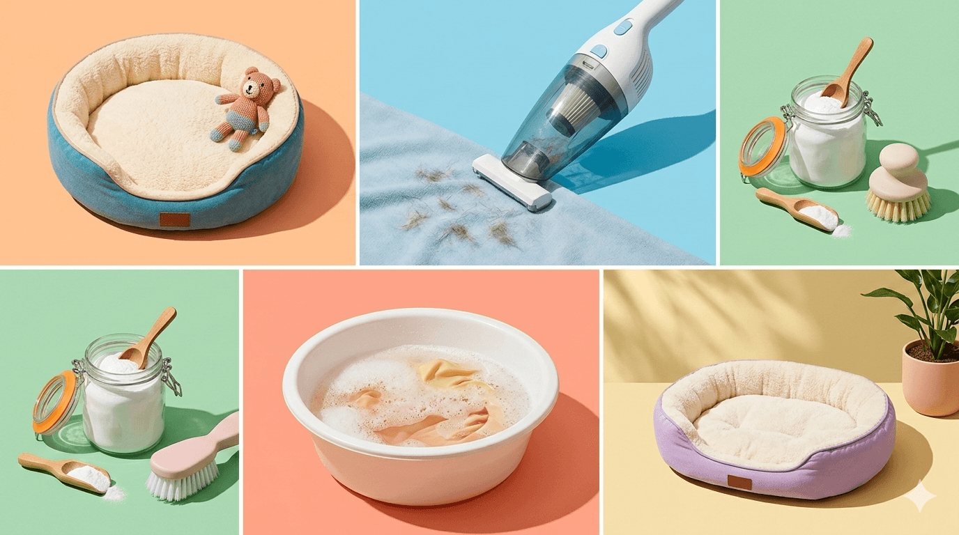 Collage grid showing dog bed cleaning steps: cosy pet bed, vacuuming fur, baking soda and scrub brush, soaking in soapy water, and air drying in sunlight