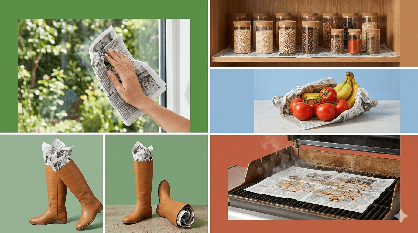 Collage showing household uses for newspaper including window cleaning, shelf lining, fruit ripening, boot stuffing, and BBQ cleaning