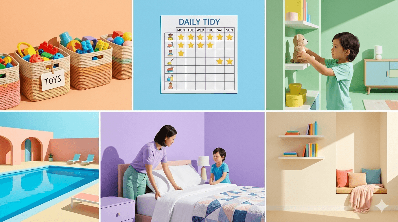 Collage grid showing kids room cleaning: organised toy baskets, chore chart with stickers, child shelving a stuffed animal, parent and child making a bed, and a tidy children's bedroom