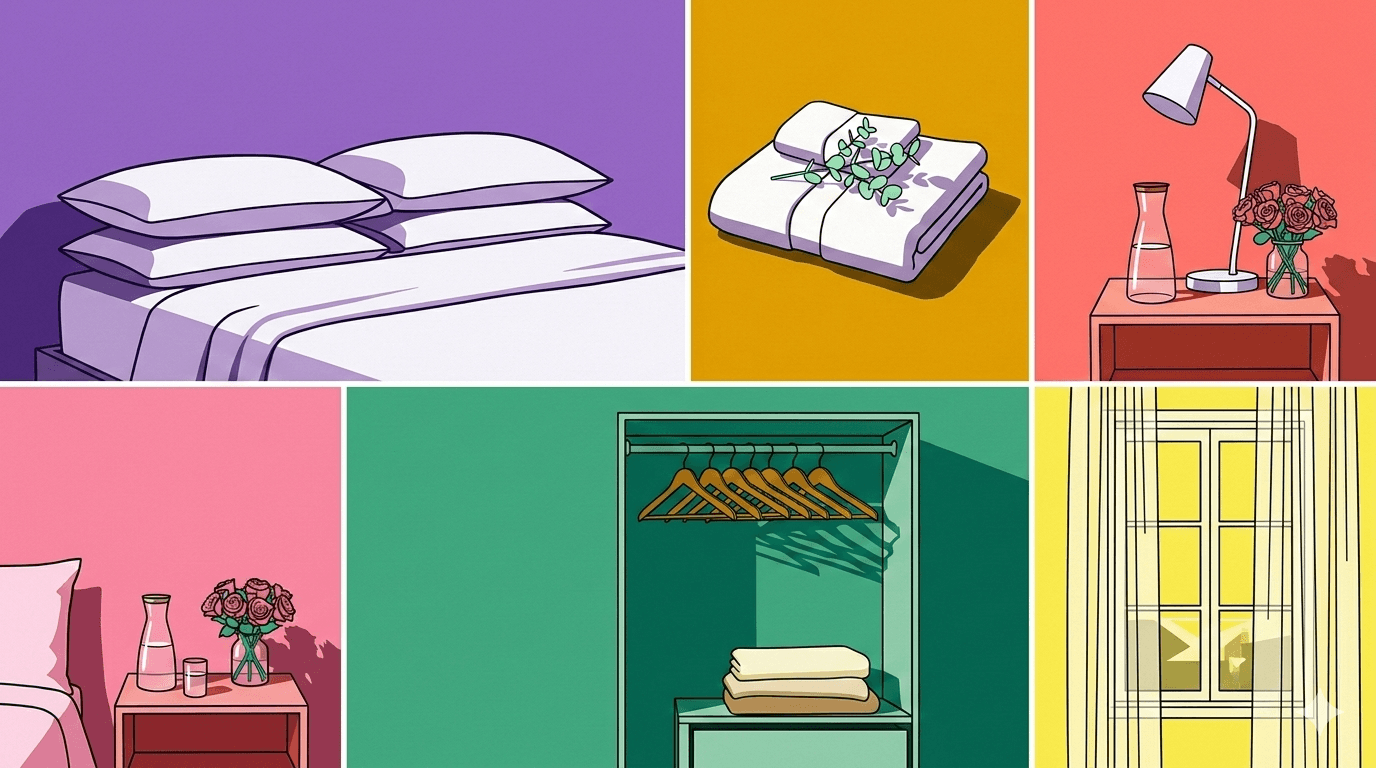 Collage grid showing guest room essentials: fresh bedding, folded towels, bedside water and flowers, organised wardrobe, and bright clean window